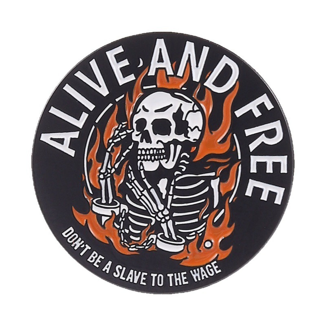 Pinori enamel pin featuring skeleton with humorous quote on white background