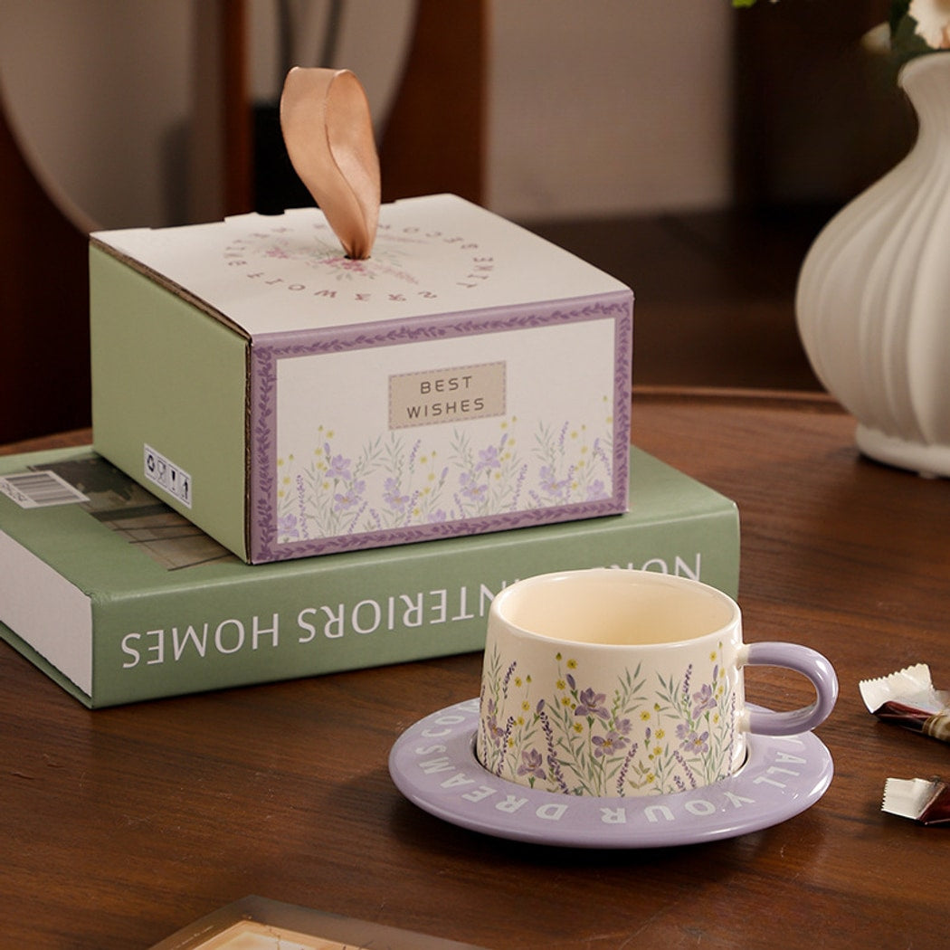 Mivora - Pastel Botanical Pattern Coffee Mug and Saucer Set