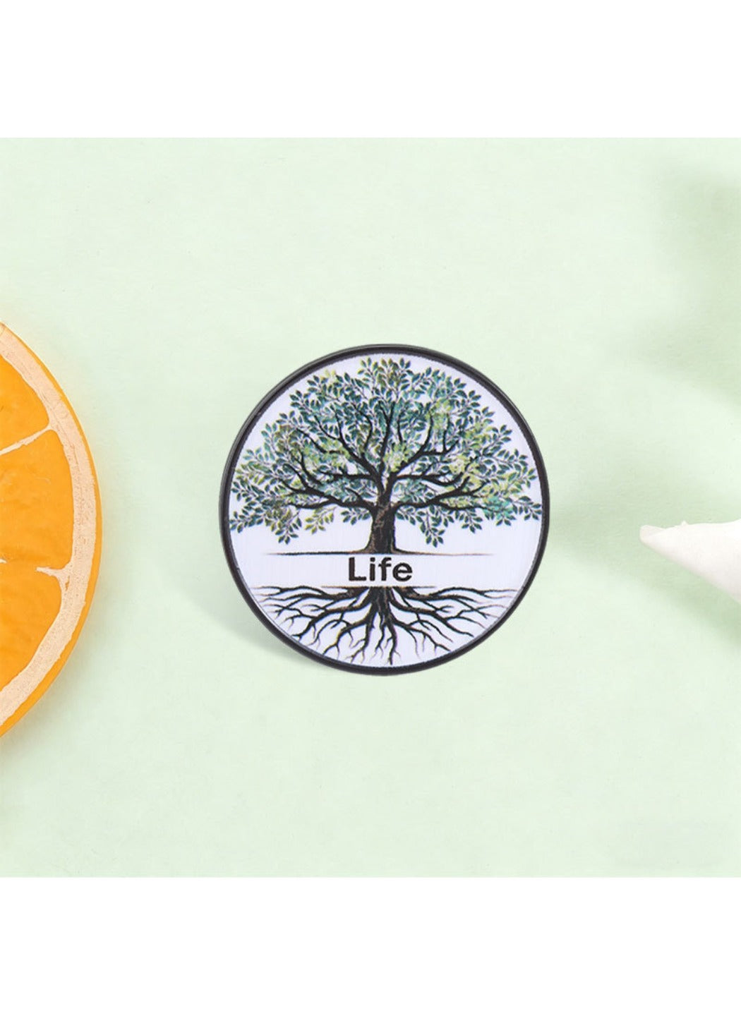 Pinori - Cute Cartoon Tree of Life with Life Text & White Circle Pin