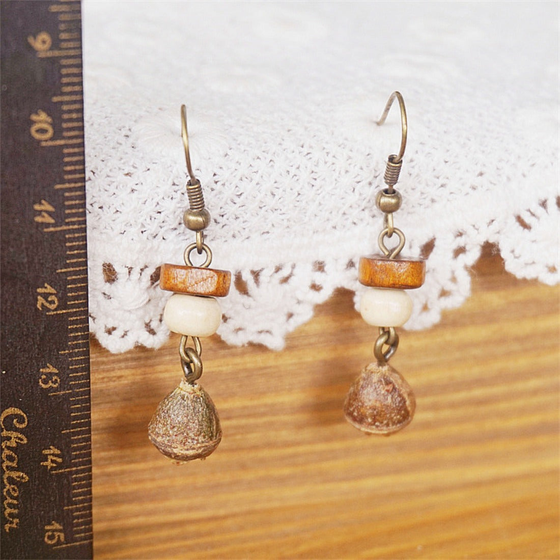 Handcrafted Vintage Wooden Bead and Natural Nut Earrings