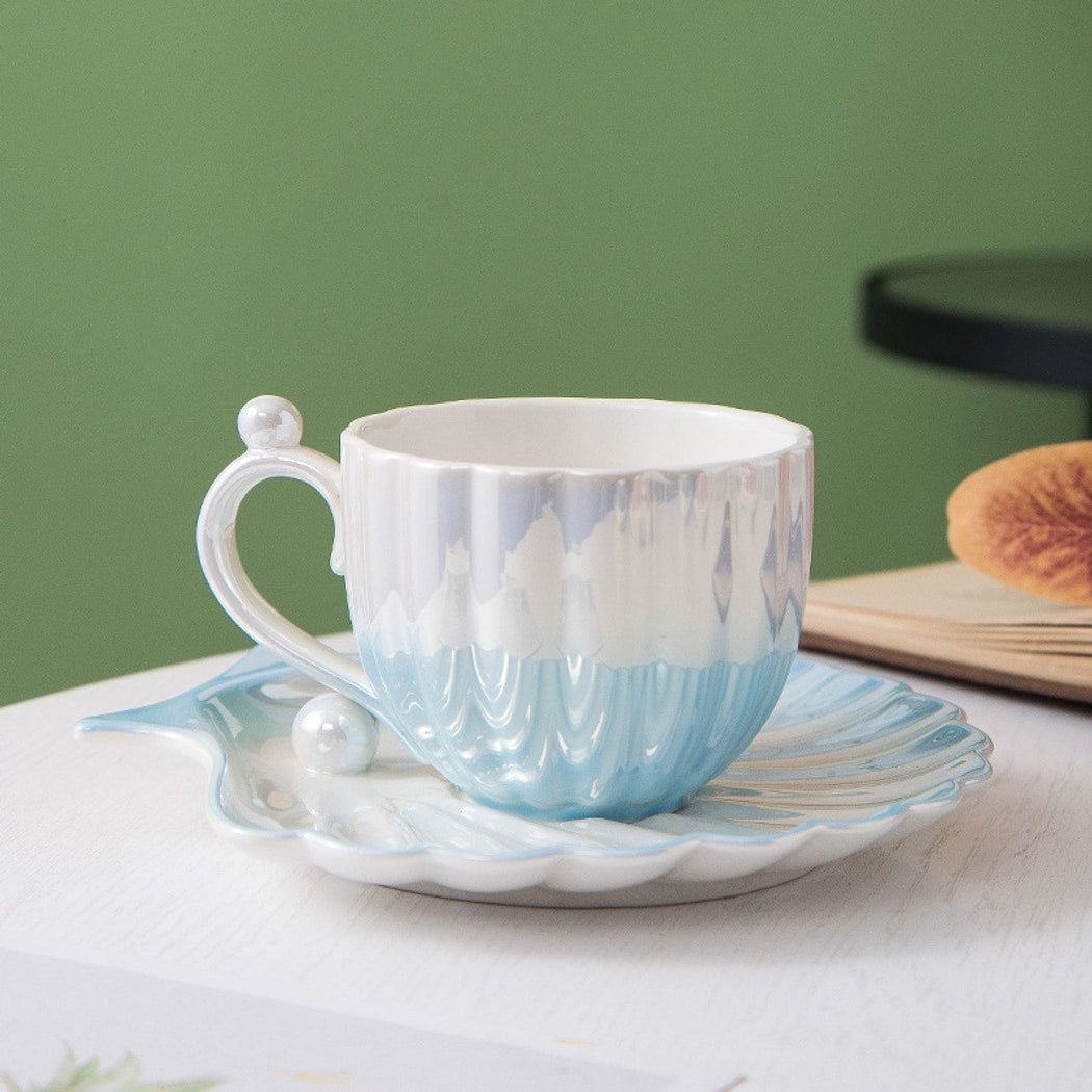 Mivora - Elegant Seashell Themed Coffee Mug and Saucer Set