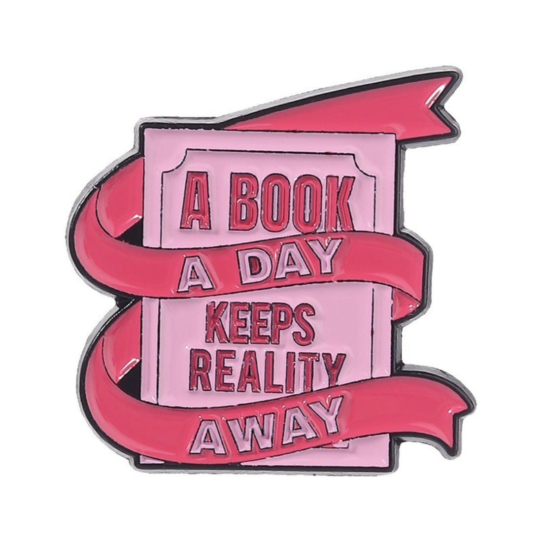 Pinori Book Lover enamel pin held between fingers to show size and detail