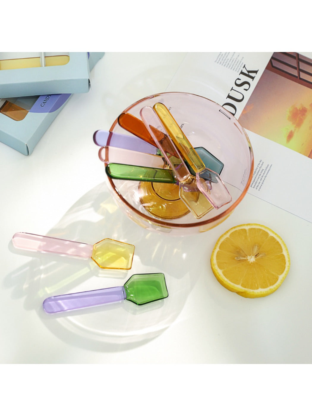 Side view of Thimara creative milk dessert colorful glass spoon with smooth finish
