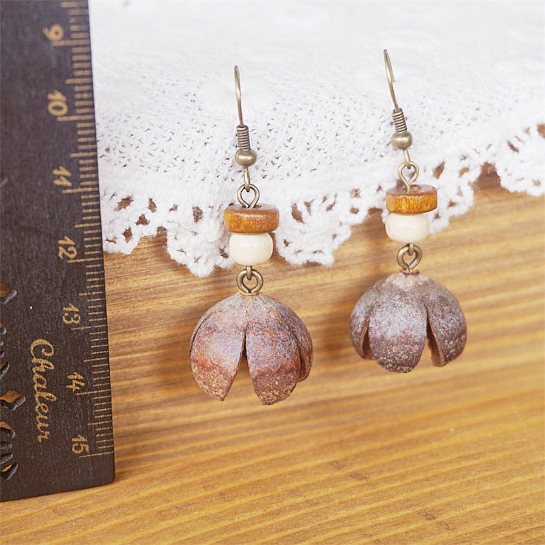 Handcrafted Vintage Wooden Bead and Natural Nut Earrings