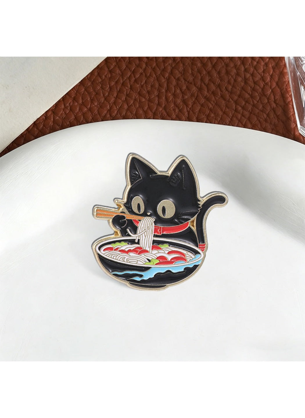 Pinori - Alloy Cat Brooch, Cute Cartoon Black Cat Eating Ramen Badge