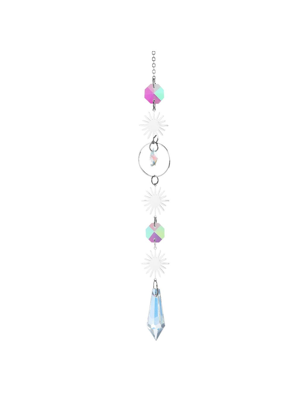 Close-up of hanging crystals on Somnira dream catcher with galaxy-inspired colors