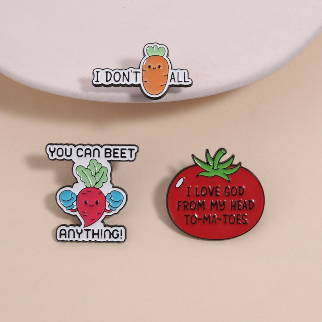 Pinori enamel pin featuring a funny vegetable quote on white background