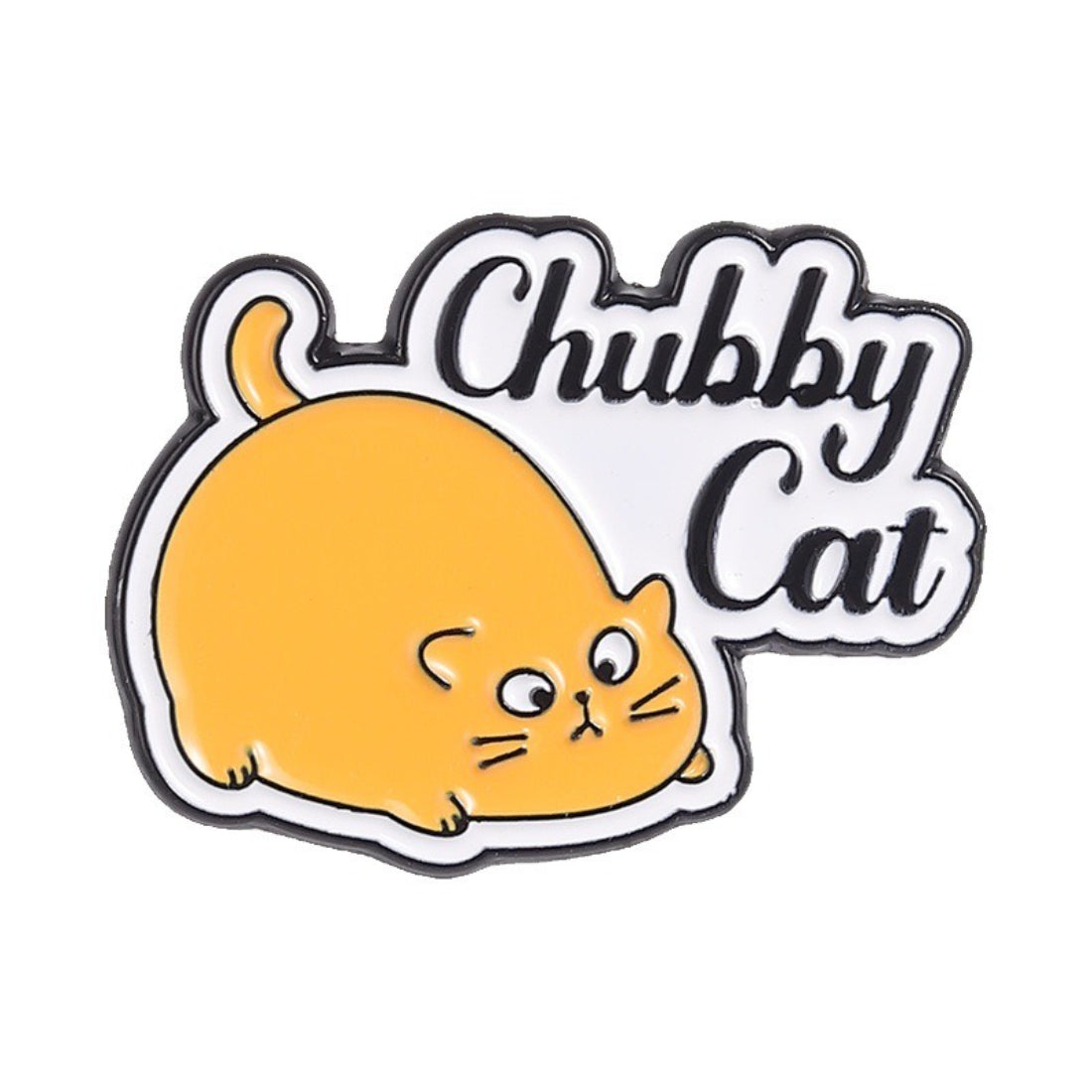 Pinori chubby cat mood enamel pin displayed on a denim jacket pocket