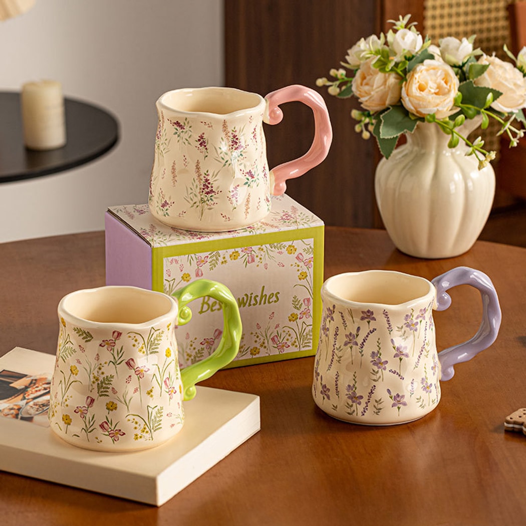 Mivora - Floral Print Vine Design Handle Coffee Mug