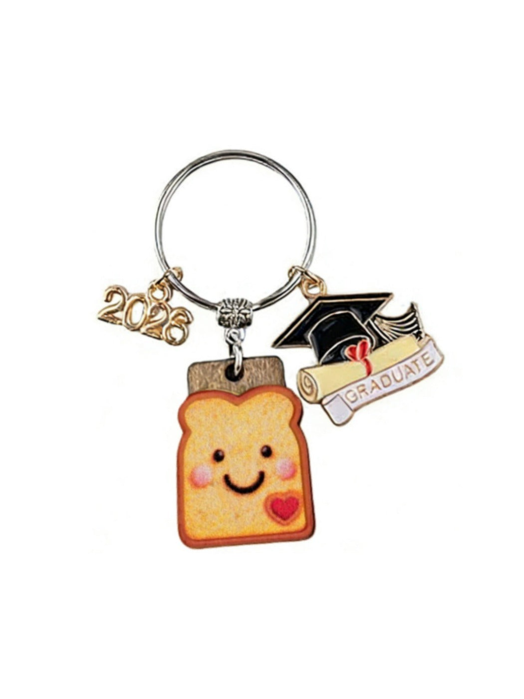 Taphug graduation keychain showing resin bread cookie charm with gold keyring