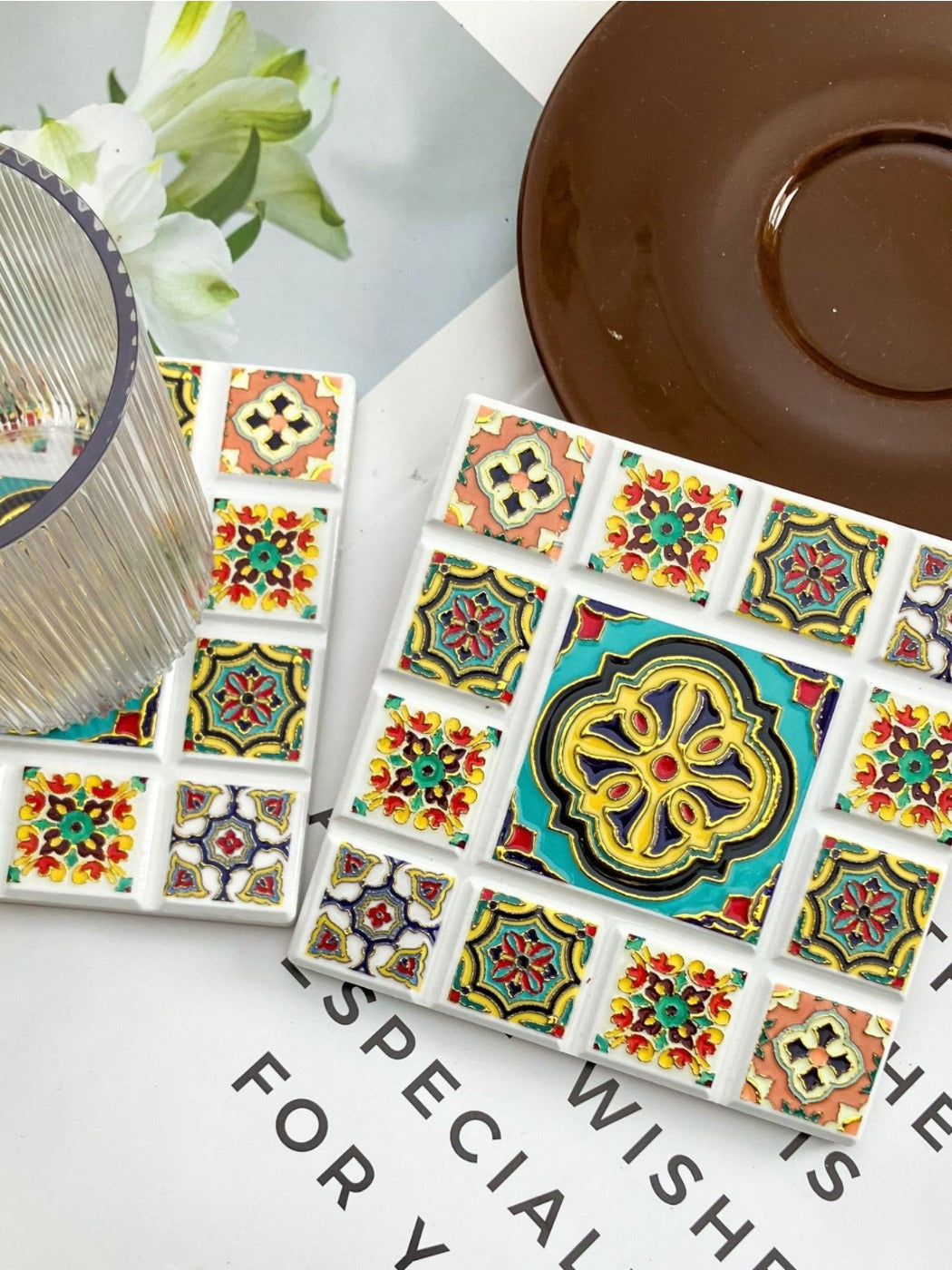 Thimara - Vintage Bohemian Embossed Square Ceramic Coaster