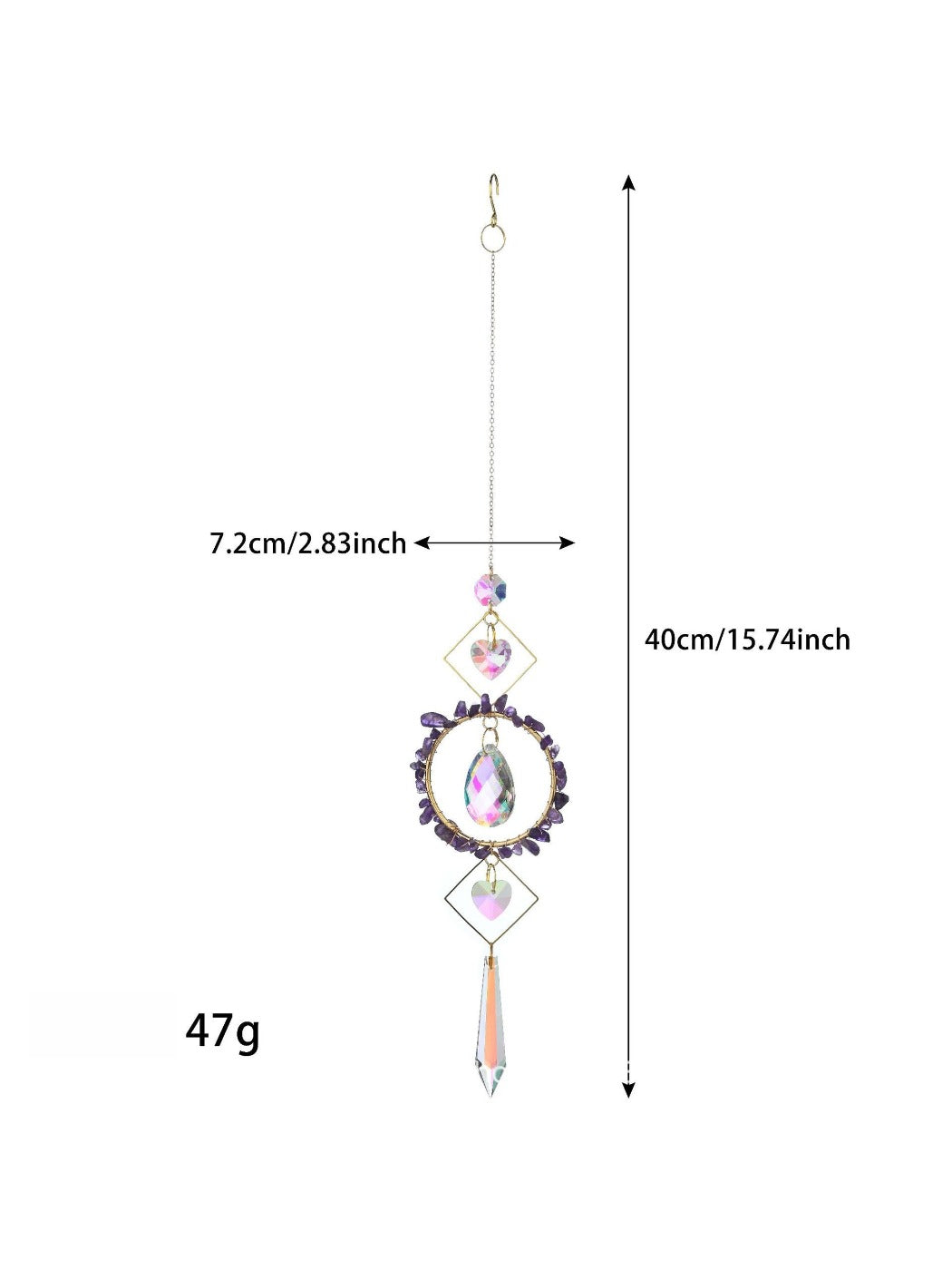 Full view of Somnira colorful suncatcher wind chime hanging in garden setting