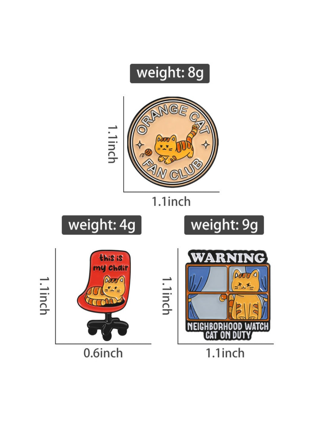 Pinori orange cat enamel pin next to a ruler for size reference