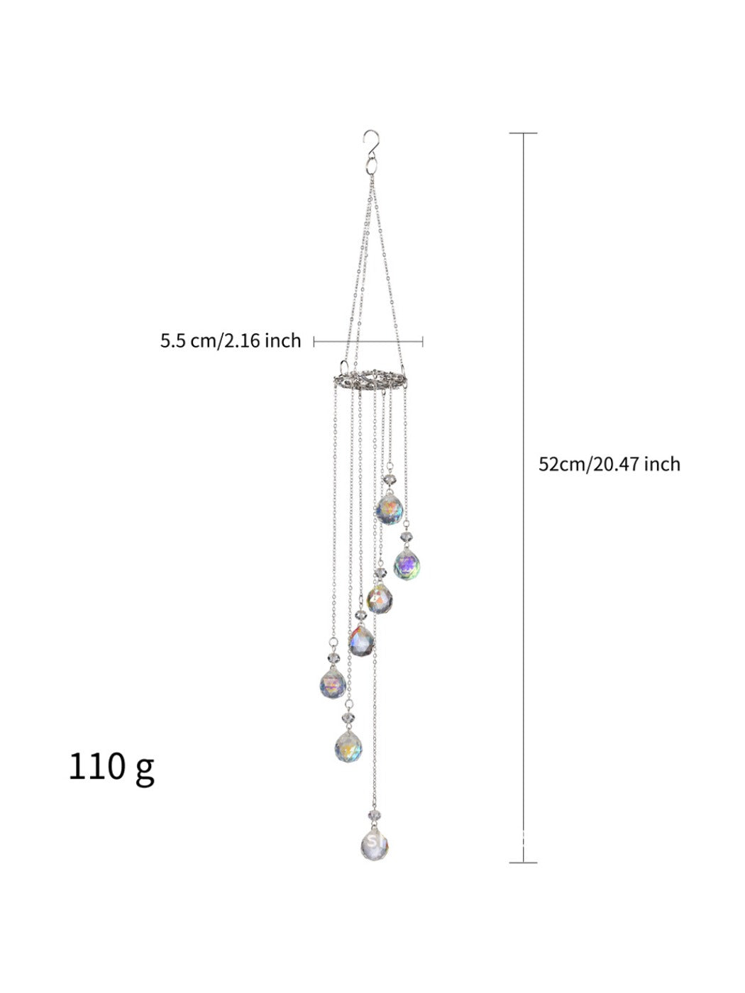Seven vibrant crystal pendants in different colors hanging from the Somnira Life Tree wind chime