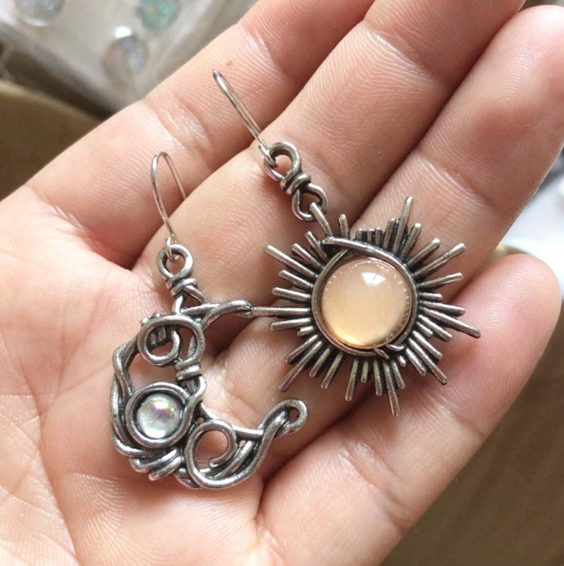 Vintage Sun and Moon Asymmetric Earrings