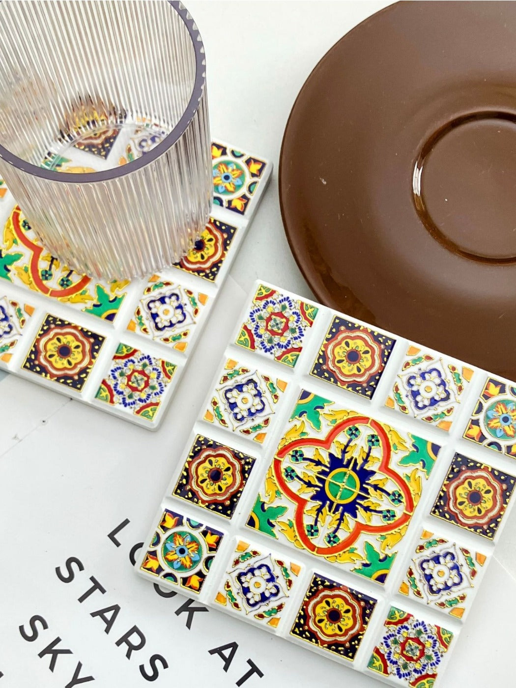 Thimara - Vintage Bohemian Embossed Square Ceramic Coaster