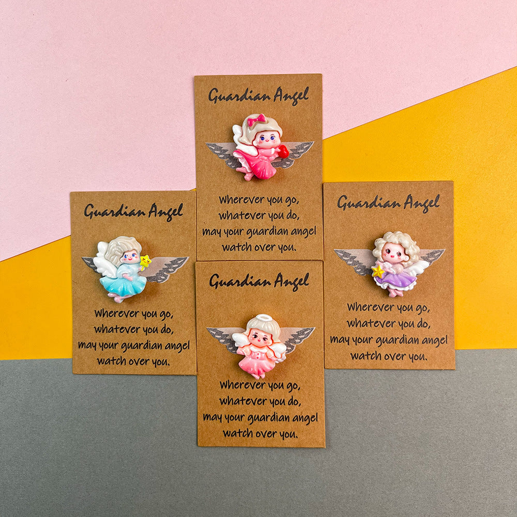 Four guardian angel pocket hugs in fuchsia, blue, purple, and pink styles