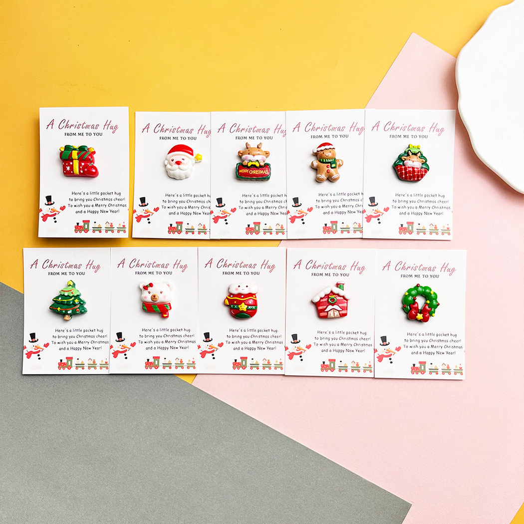 Ten festive pocket hug designs displayed on Christmas message cards