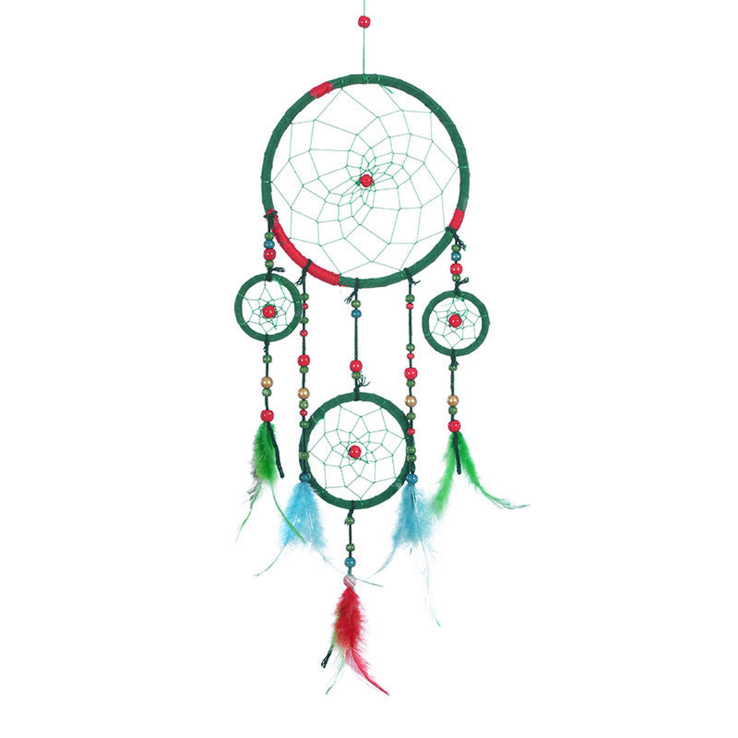 Green dreamcatcher with red accents, four web-like hoops and colorful hanging feather-look elements