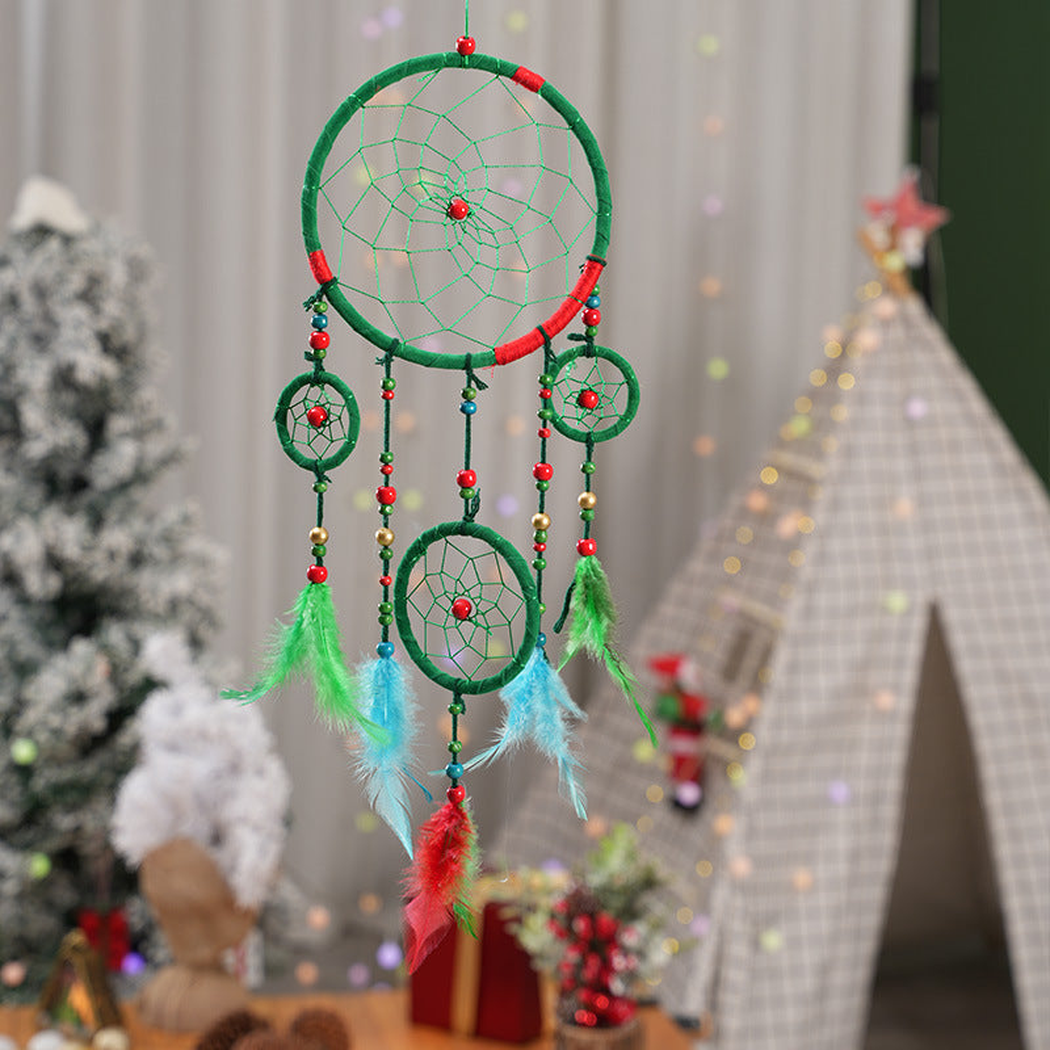 Green dreamcatcher with bead-look accents and blue, green and red feather-look elements
