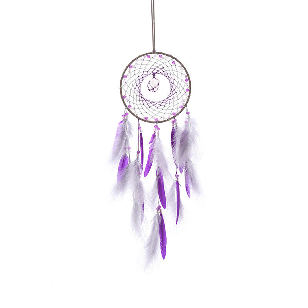 Purple Dreamcatcher with circular hoop, web-like center and hanging feather-look elements
