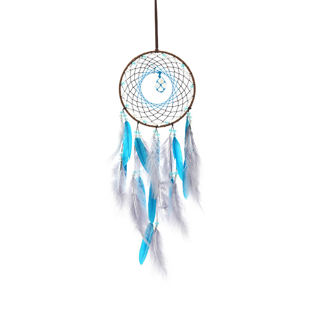 Turquoise Dreamcatcher with circular hoop, web-like center and hanging feather-look elements