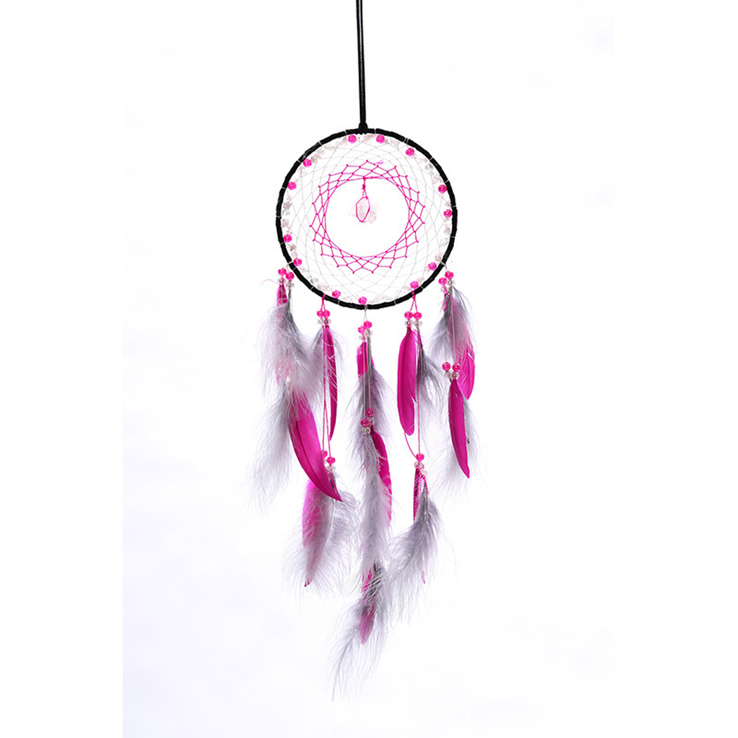 Fuchsia Dreamcatcher with circular hoop, web-like center and hanging feather-look elements