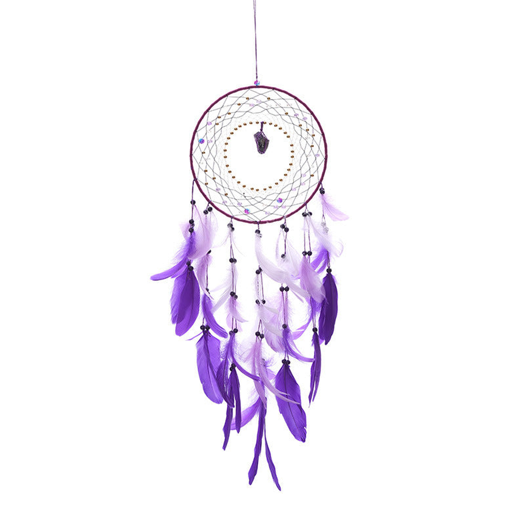 Purple dreamcatcher with a circular web-like center and layered feather-look elements