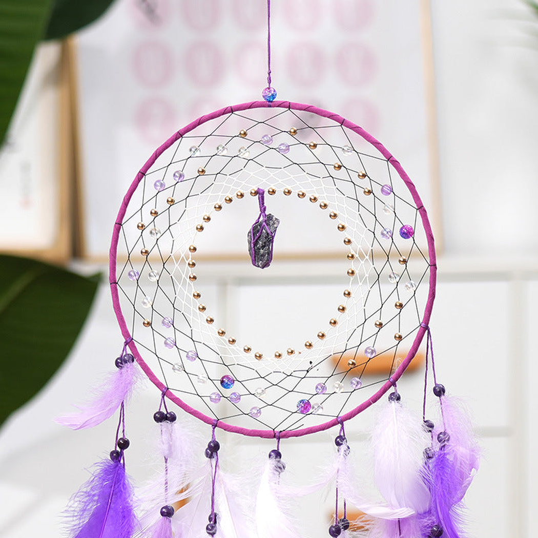 Close-up of the wrapped hoop, web-like center and bead-look accents