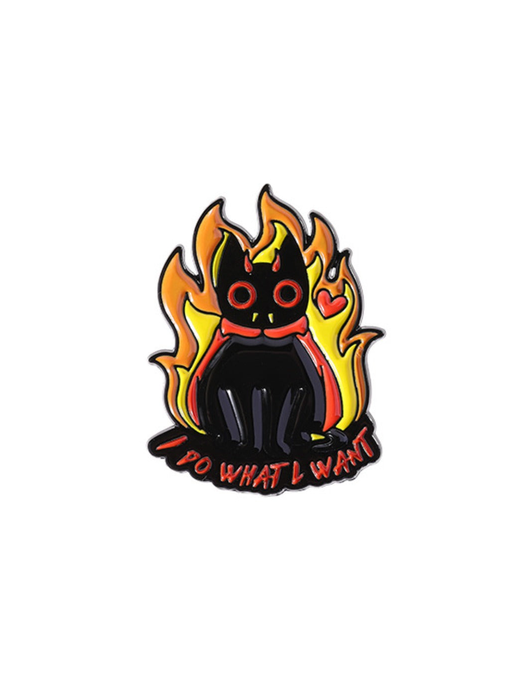 Pinori black cat enamel badge with vibrant flame colors