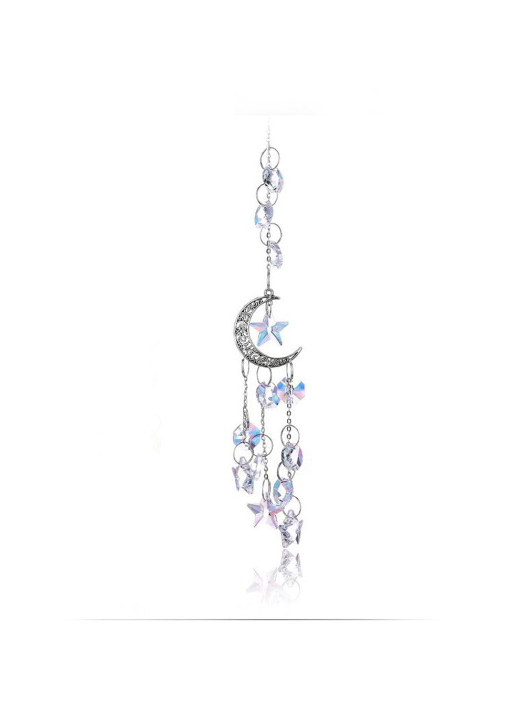 Artistic angle of Somnira golden moon crystal dream catcher with feathers and beads