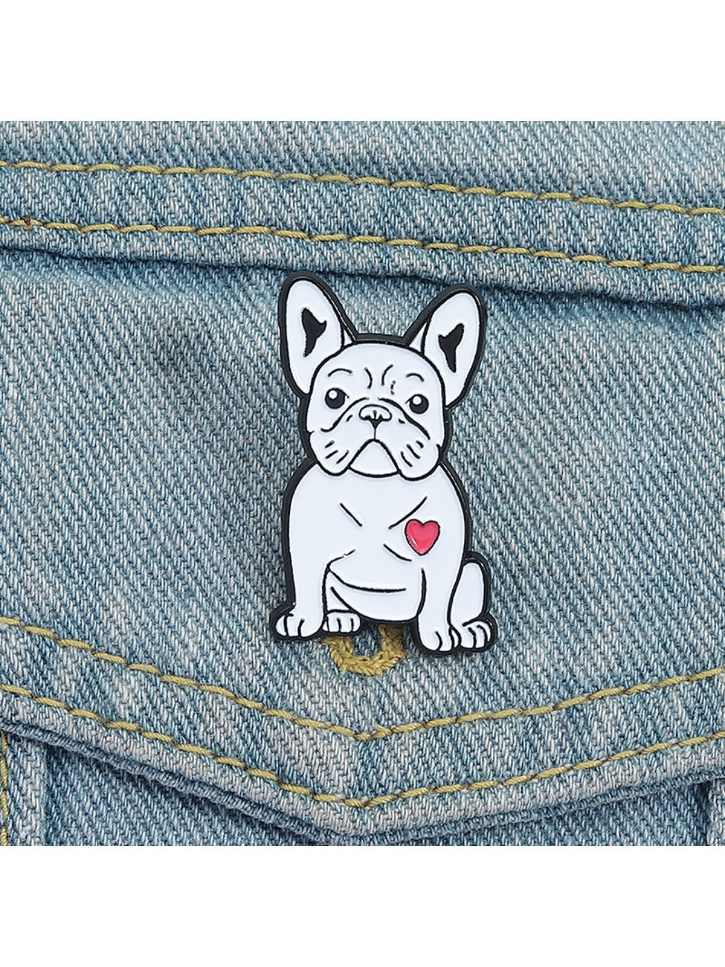 Back view of Pinori white pug dog brooch showing metal pin clasp