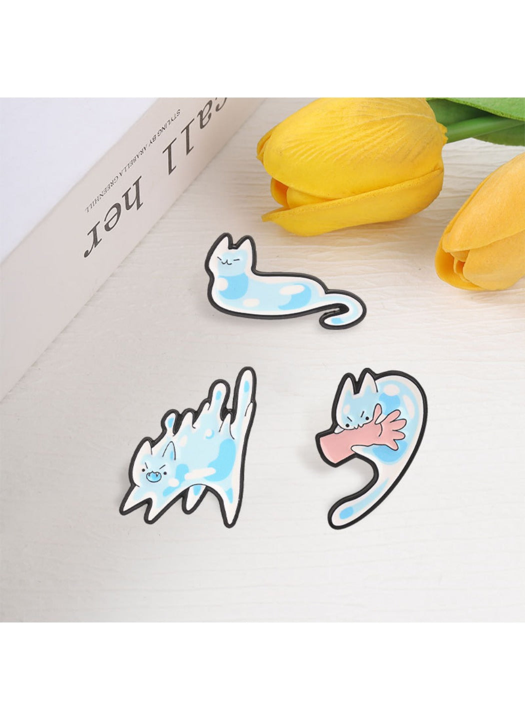 Pinori -  Cute Cartoon Funny Distorted Blue Kitten Pin Brooch Badge