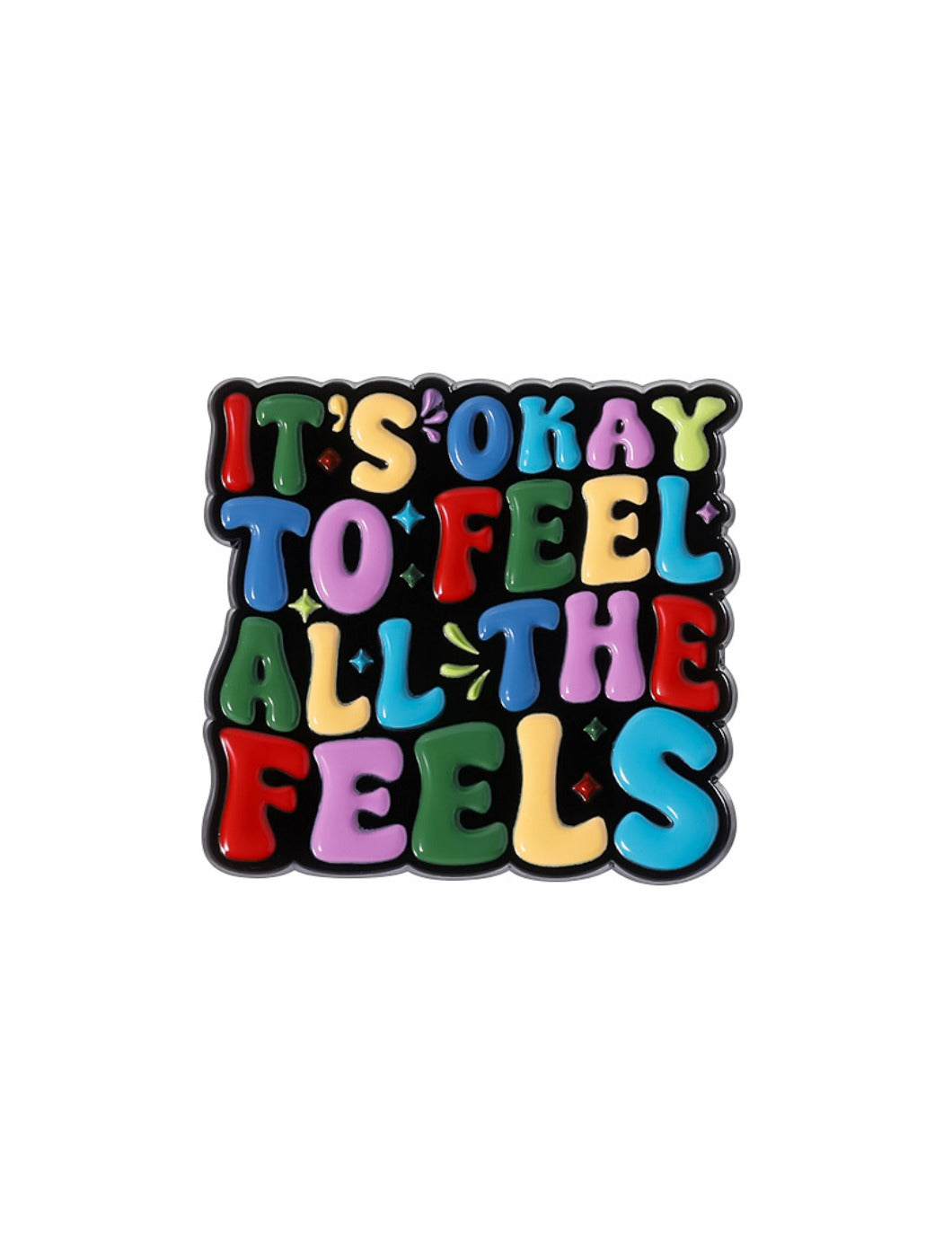 Close-up showing pin clasp and colorful English sentence design on brooch
