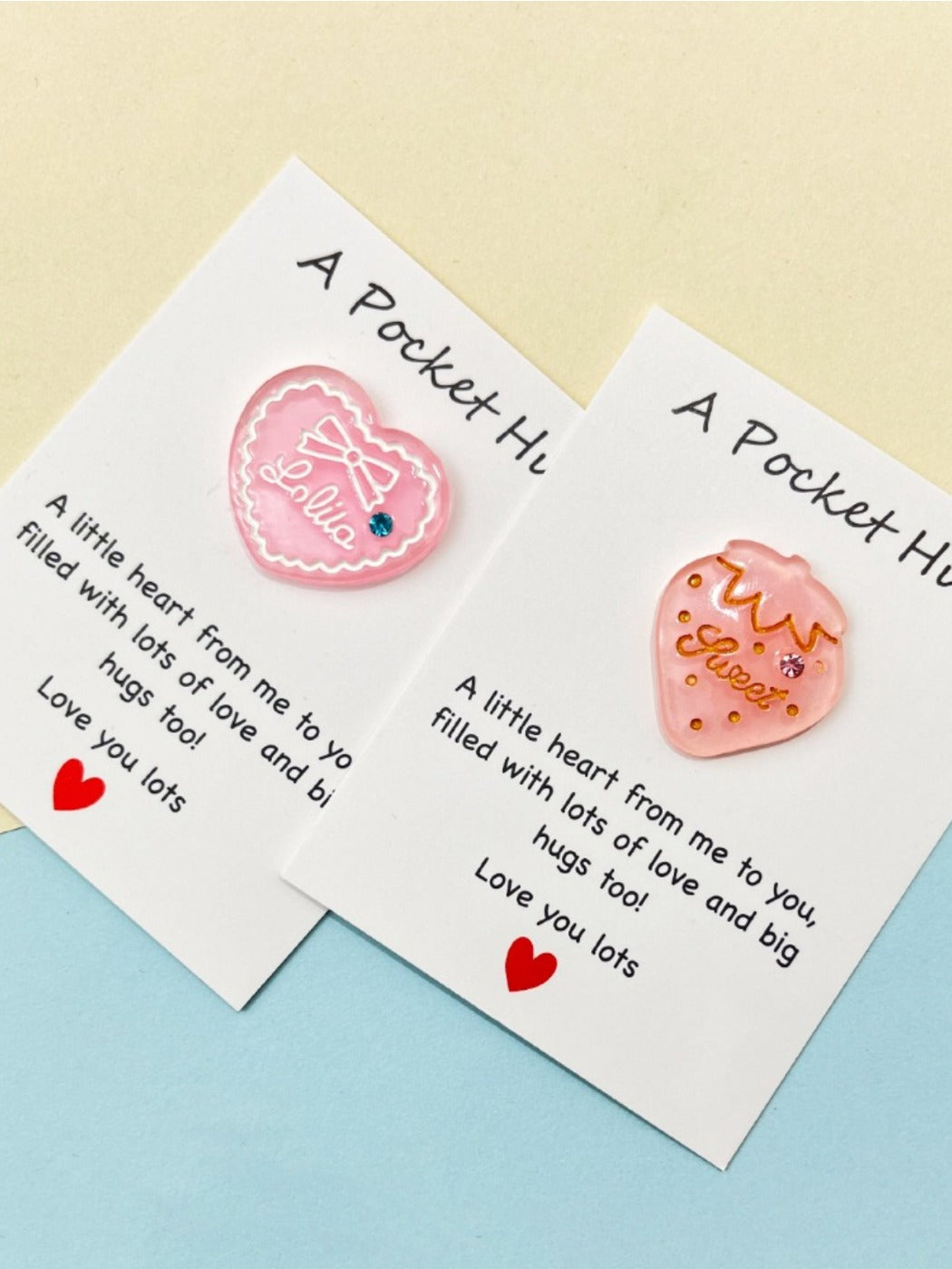 Taphug - Pocket Hug Glitter Pink Heart Strawberry pocket hug card and keepsake token view 2