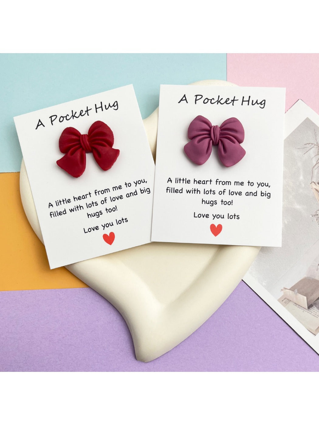 Taphug Pocket Hug card displayed standing upright with bow visible