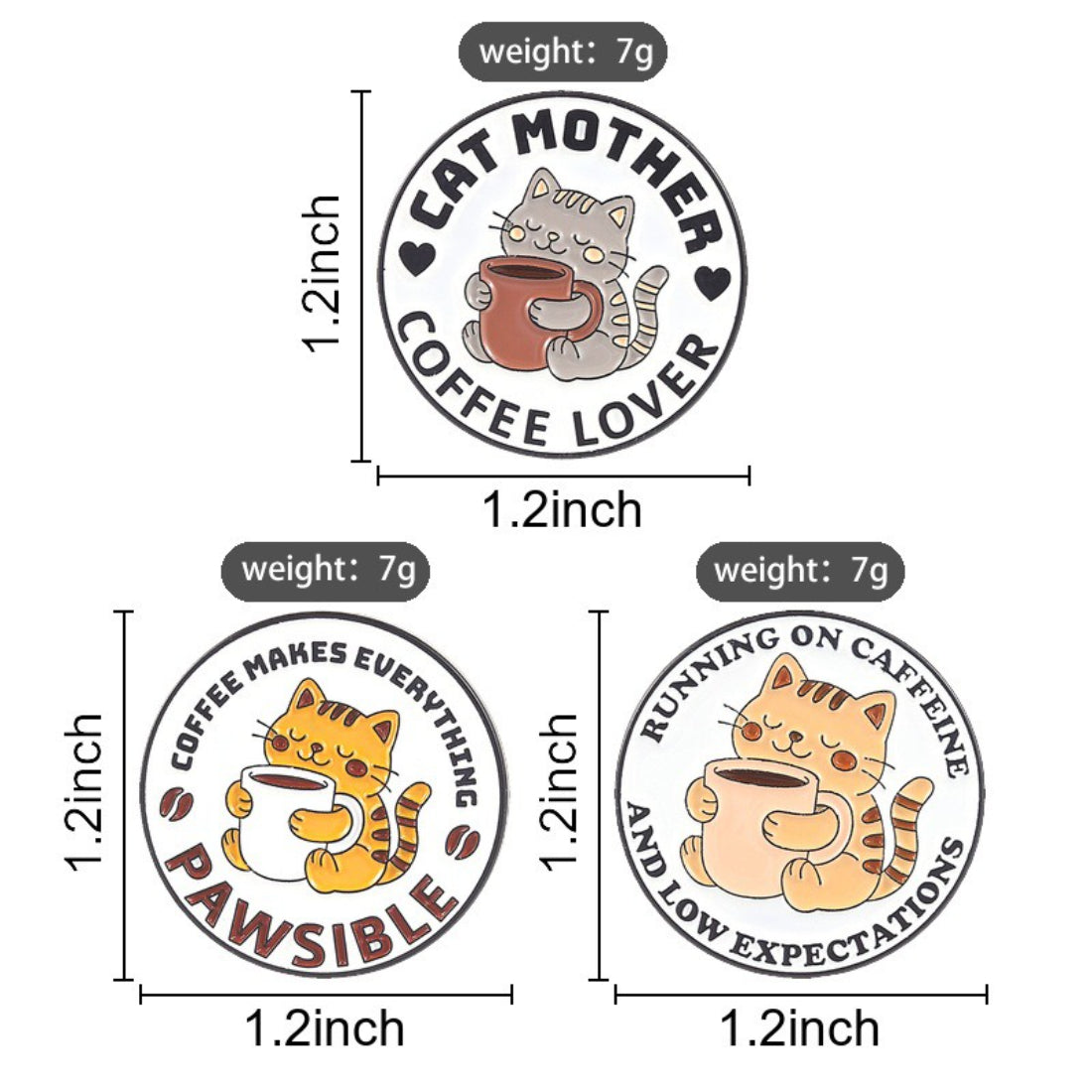 Pinori Pawsible Coffee Cat enamel pin next to a coffee cup and cat figurine