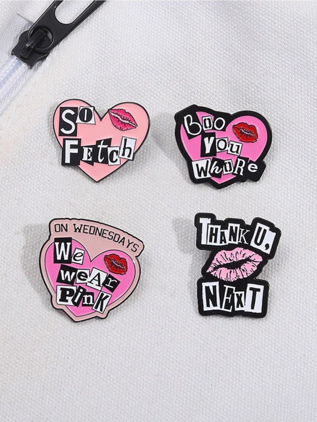 Pinori punk style pink heart alphabet pin attached to denim jacket pocket