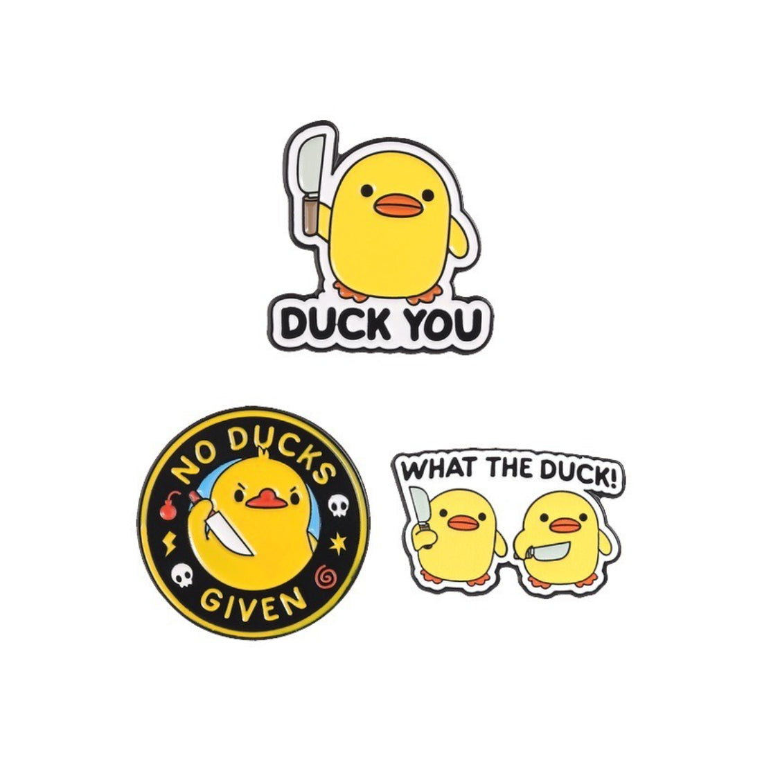 Side view of Pinori funny duck enamel pin showing thickness and metal backing