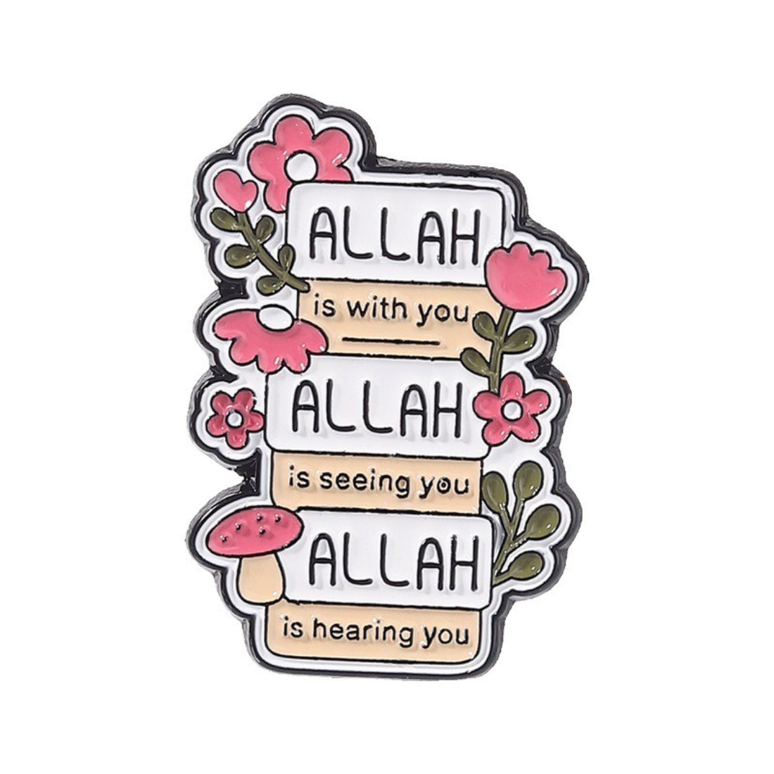 Pinori Comfort Quote enamel pin displayed on a corkboard with other pins