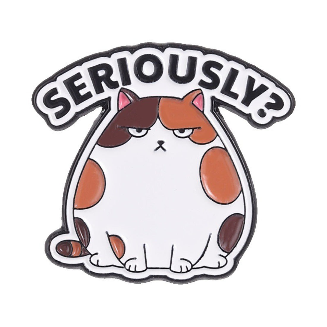 Close-up of Pinori chubby cat mood enamel pin showing detailed orange cat face