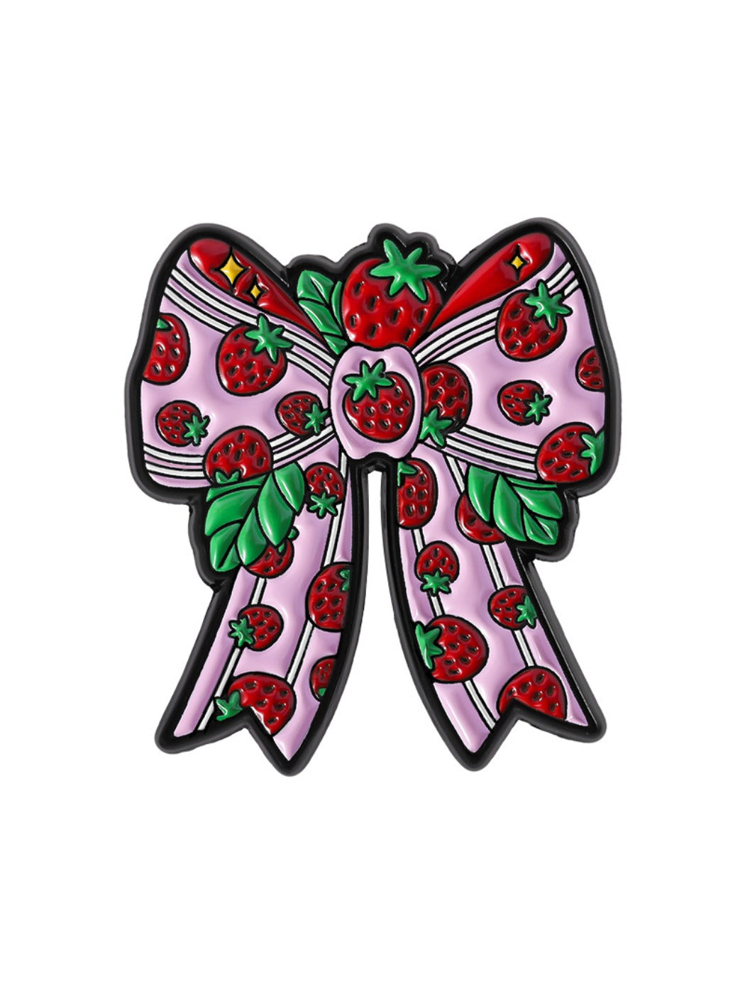 Strawberry brooch paired with other kawaii pins on a fabric board