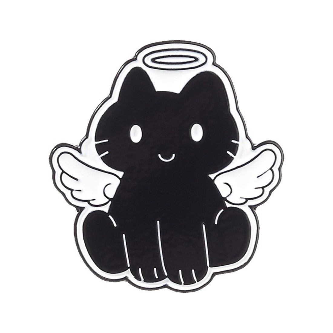 Side view of Pinori Angel Devil Cat enamel pin showing thickness and metal edges
