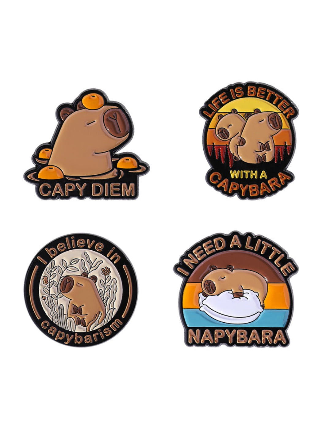 Pinori capybara enamel pin on a corkboard with other pins in background