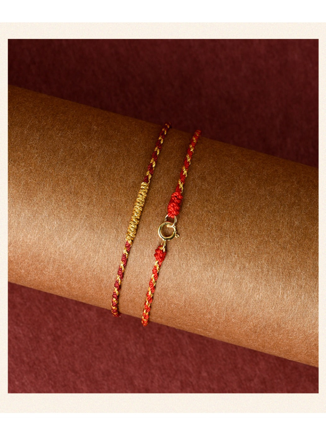 Side view of Emora golden thread rope bracelet highlighting the knot and texture