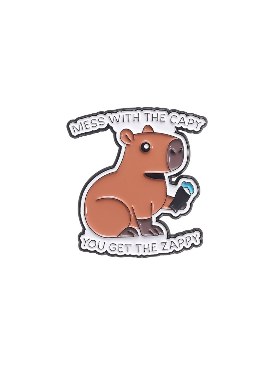 Pinori capybara hamburger brooch displayed on a wooden surface