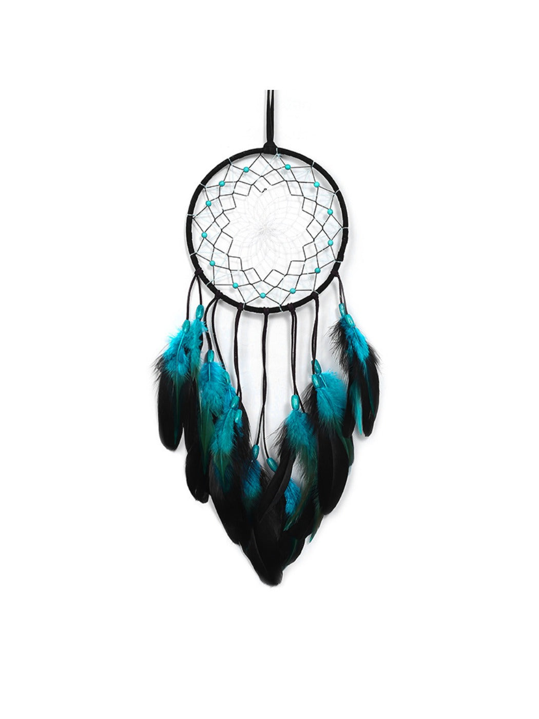 Blue feather dreamcatcher with hanging beads and natural twine