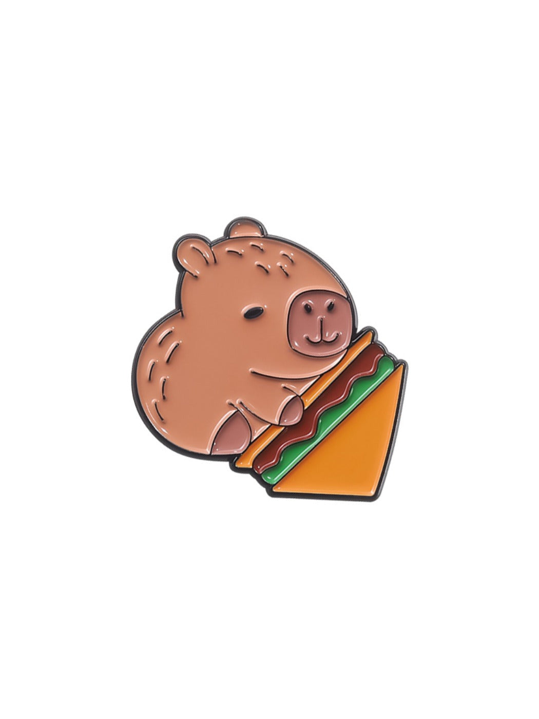 Pinori capybara hamburger pin attached to a backpack strap