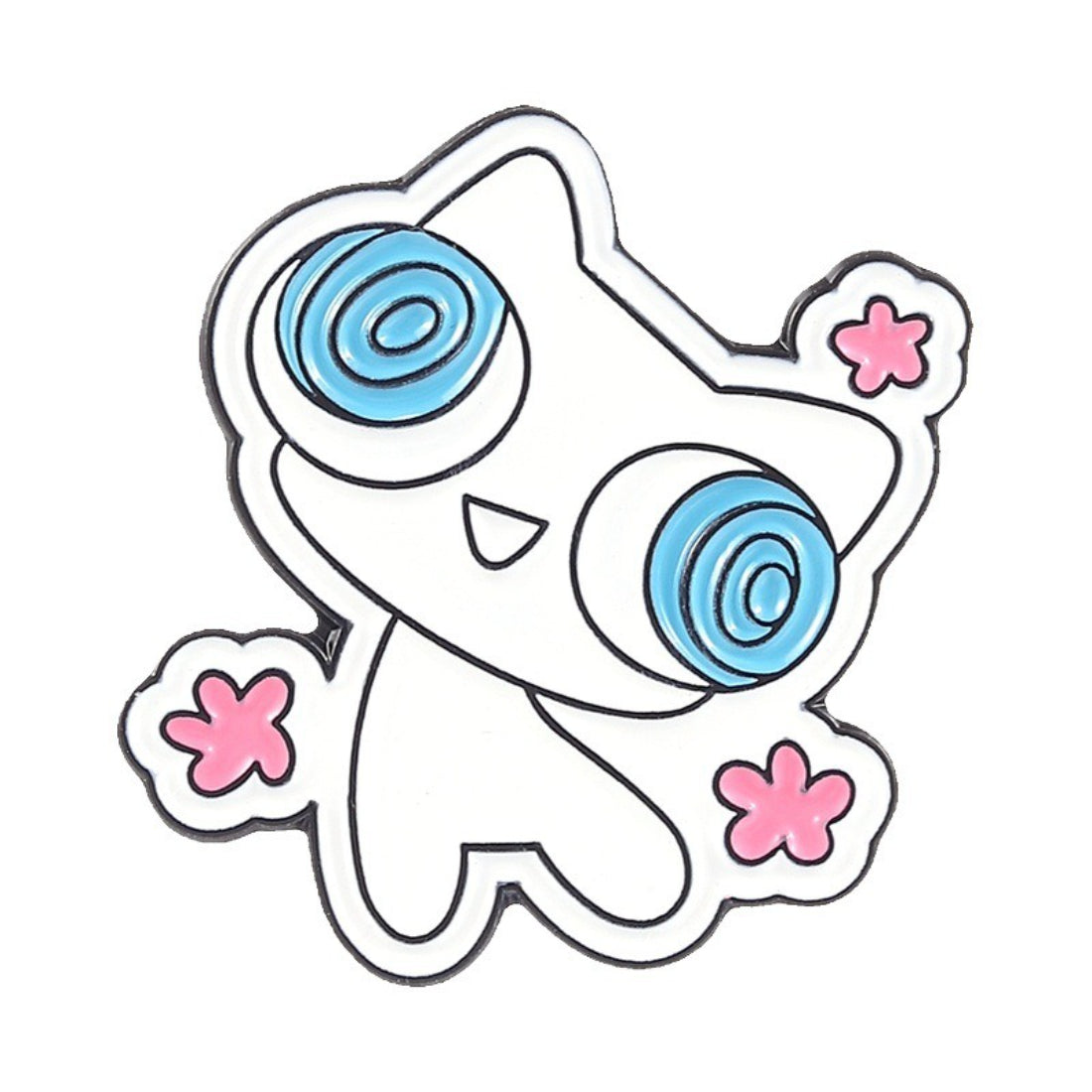 Side view of Pinori Dizzy Eye White Cat enamel pin highlighting metal edges
