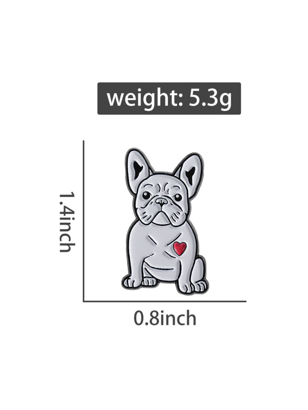 Pinori white pug dog brooch placed on a wooden table with natural lighting